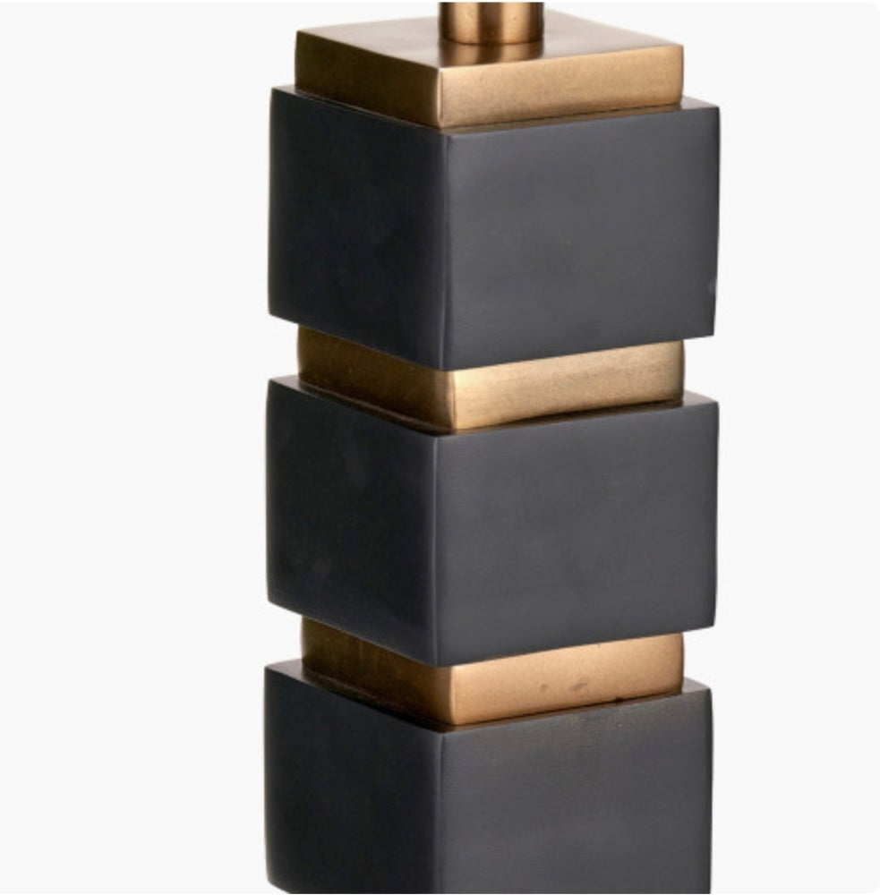 Maximo Matt Black and Antique Brass Cube Design Table Lamp Base with Harry 35cm Ivory Cotton Mix Cylinder Lampshade