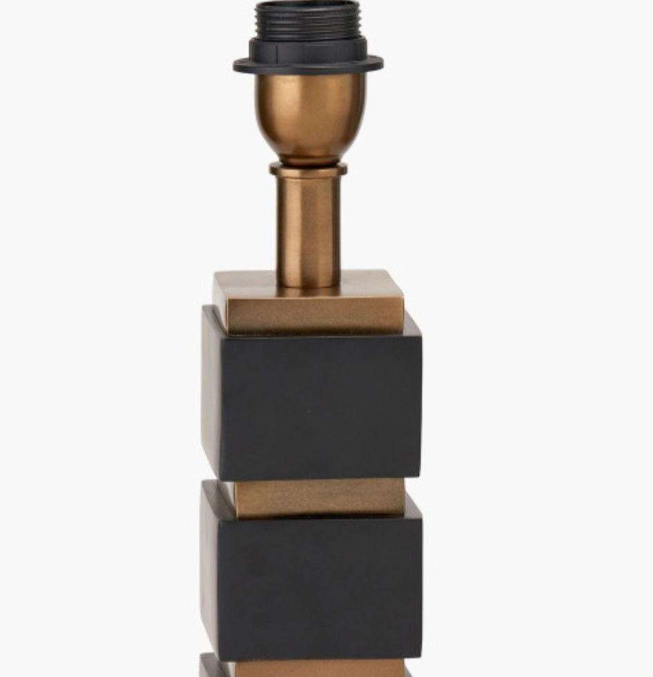 Maximo Matt Black and Antique Brass Cube Design Table Lamp Base with Harry 35cm Ivory Cotton Mix Cylinder Lampshade