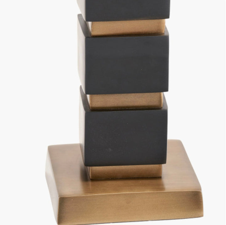 Maximo Matt Black and Antique Brass Cube Design Table Lamp Base with Harry 35cm Ivory Cotton Mix Cylinder Lampshade