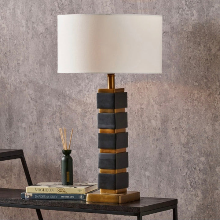 Maximo Matt Black and Antique Brass Cube Design Table Lamp Base with Harry 35cm Ivory Cotton Mix Cylinder Lampshade