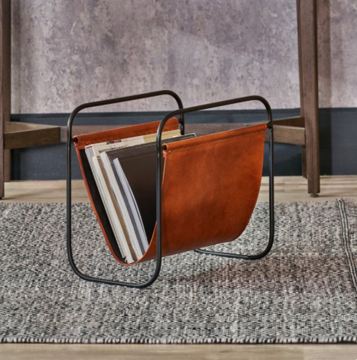 Eliseo Vintage Brown Leather Magazine Rack