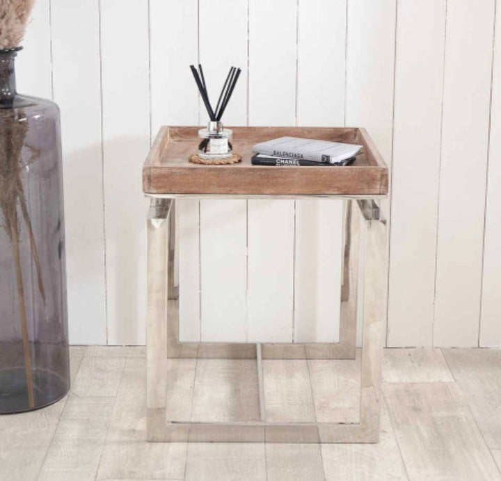 Evelyn Natural Antique Finish Mango Wood and Silver Metal Side Table