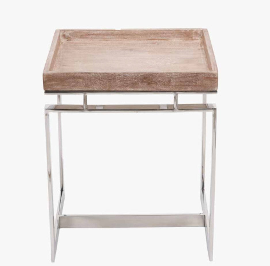 Evelyn Natural Antique Finish Mango Wood and Silver Metal Side Table
