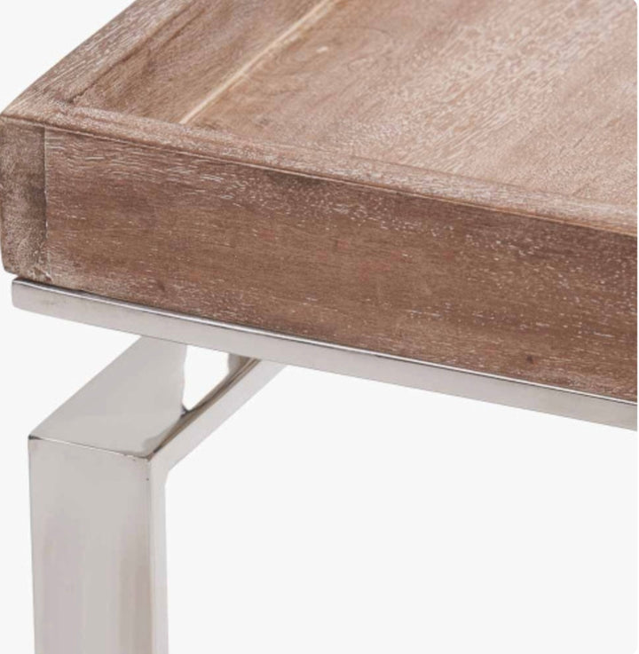 Evelyn Natural Antique Finish Mango Wood and Silver Metal Side Table