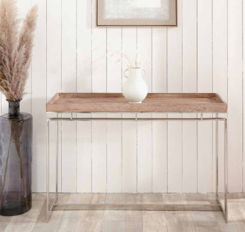 Evelyn Natural Antique Finish Mango Wood and Silver Metal Console Table