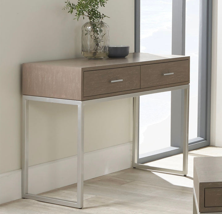 Ambroso Grey Wash Mango Wood and Silver Metal 2 Drawer Dressing Table