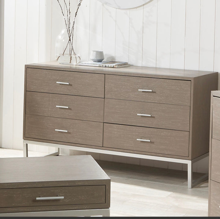 Ambroso Grey Wash Mango Wood and Silver Metal 6 Drawer Unit