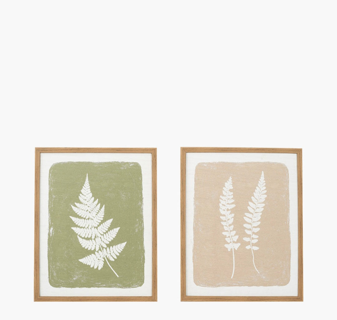 S/2 Green and Natural Fern Canvas Wall Art with Natural Frames