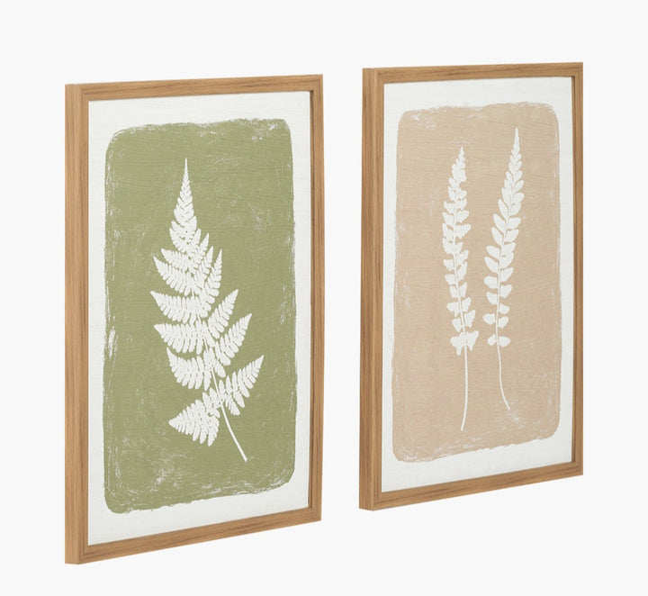 S/2 Green and Natural Fern Canvas Wall Art with Natural Frames