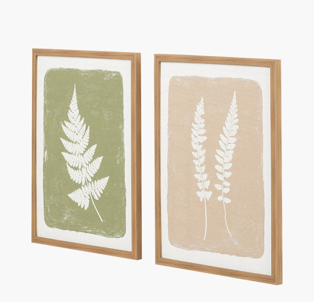 S/2 Green and Natural Fern Canvas Wall Art with Natural Frames