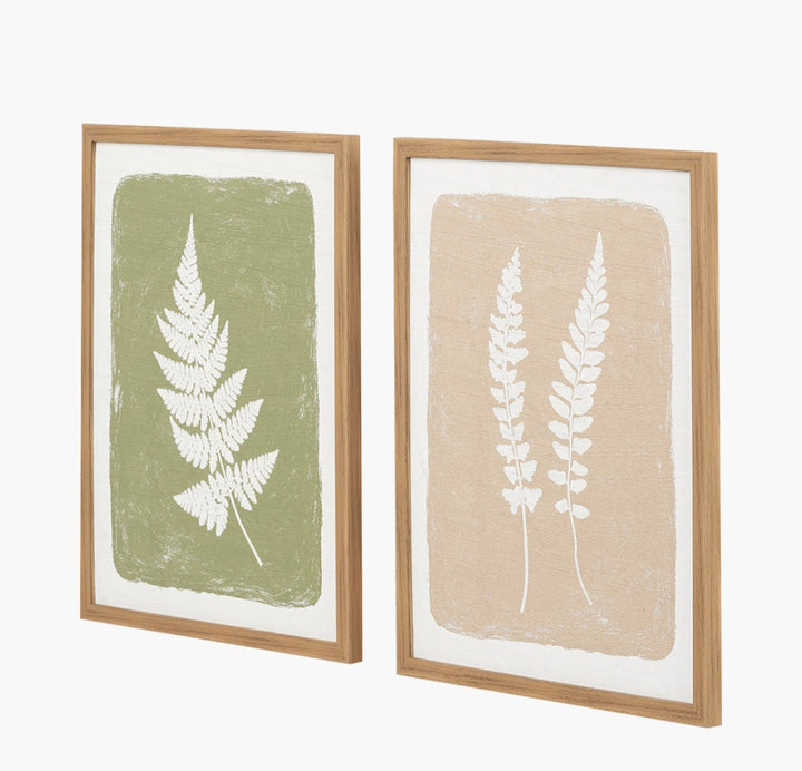 S/2 Green and Natural Fern Canvas Wall Art with Natural Frames