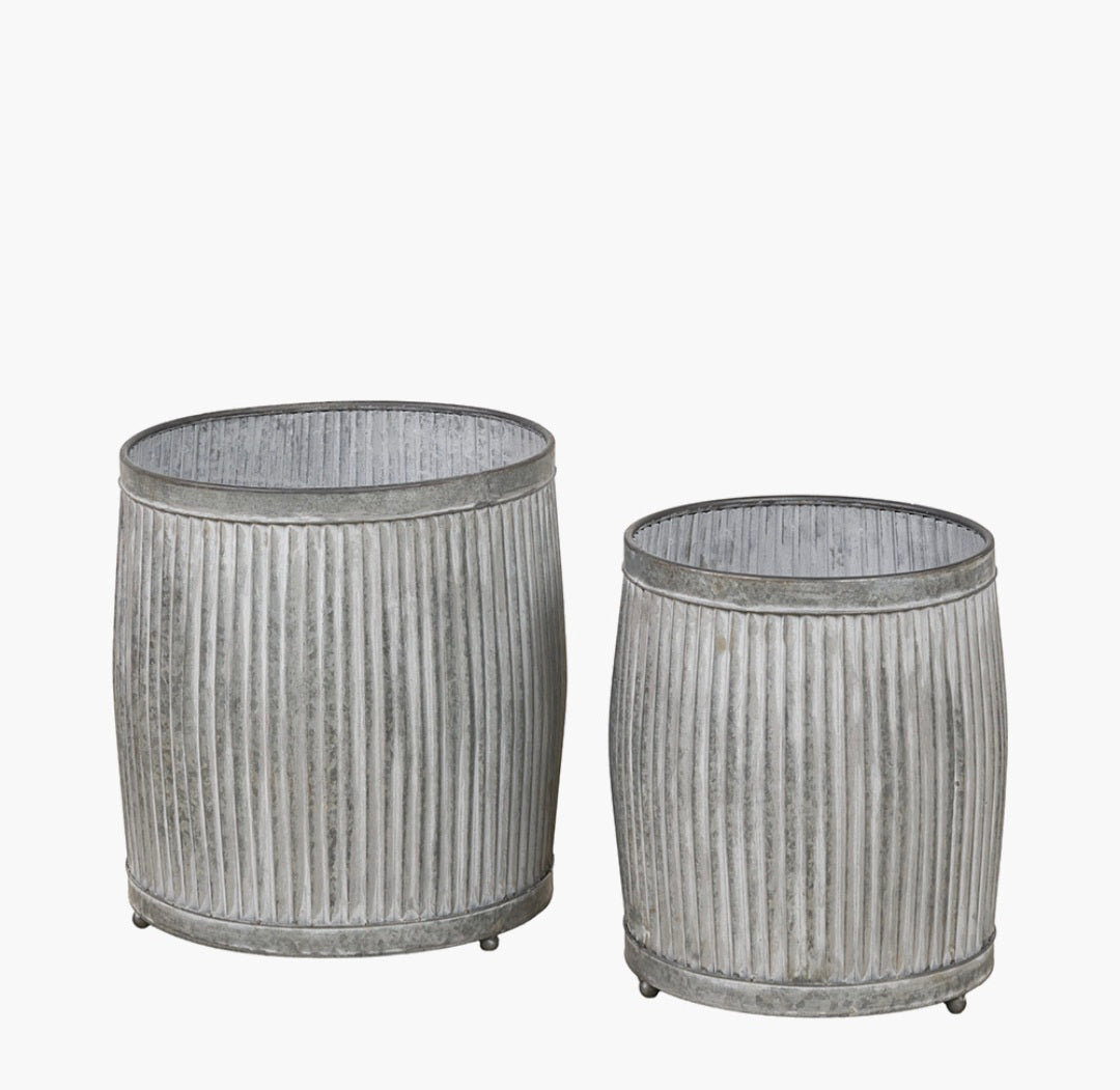 S/2 Galvanised Zinc Barrel Planters