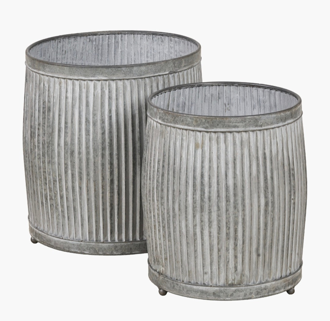 S/2 Galvanised Zinc Barrel Planters