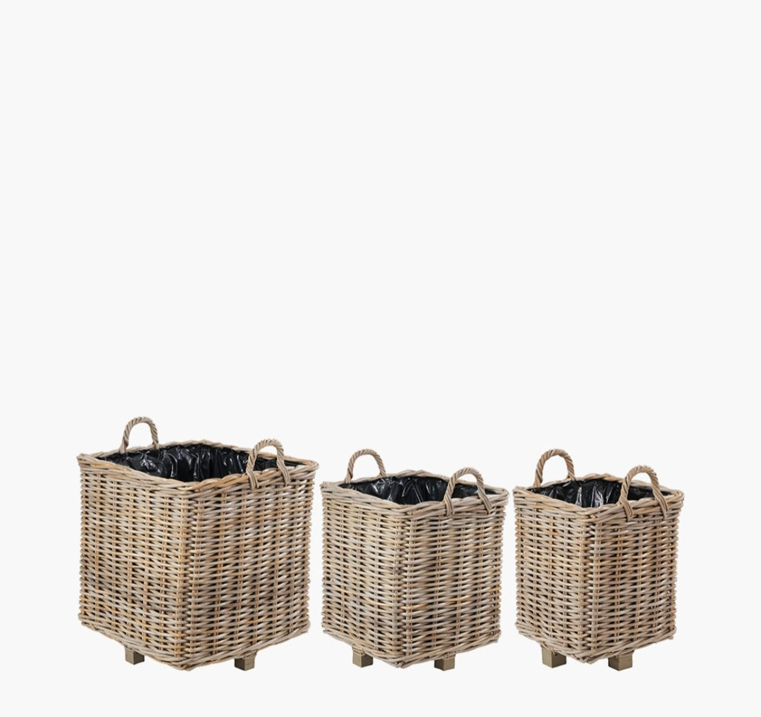 Tobs S/3 Indoor Outdoor Grey Kubu Rattan Square Basket Planters with Handles