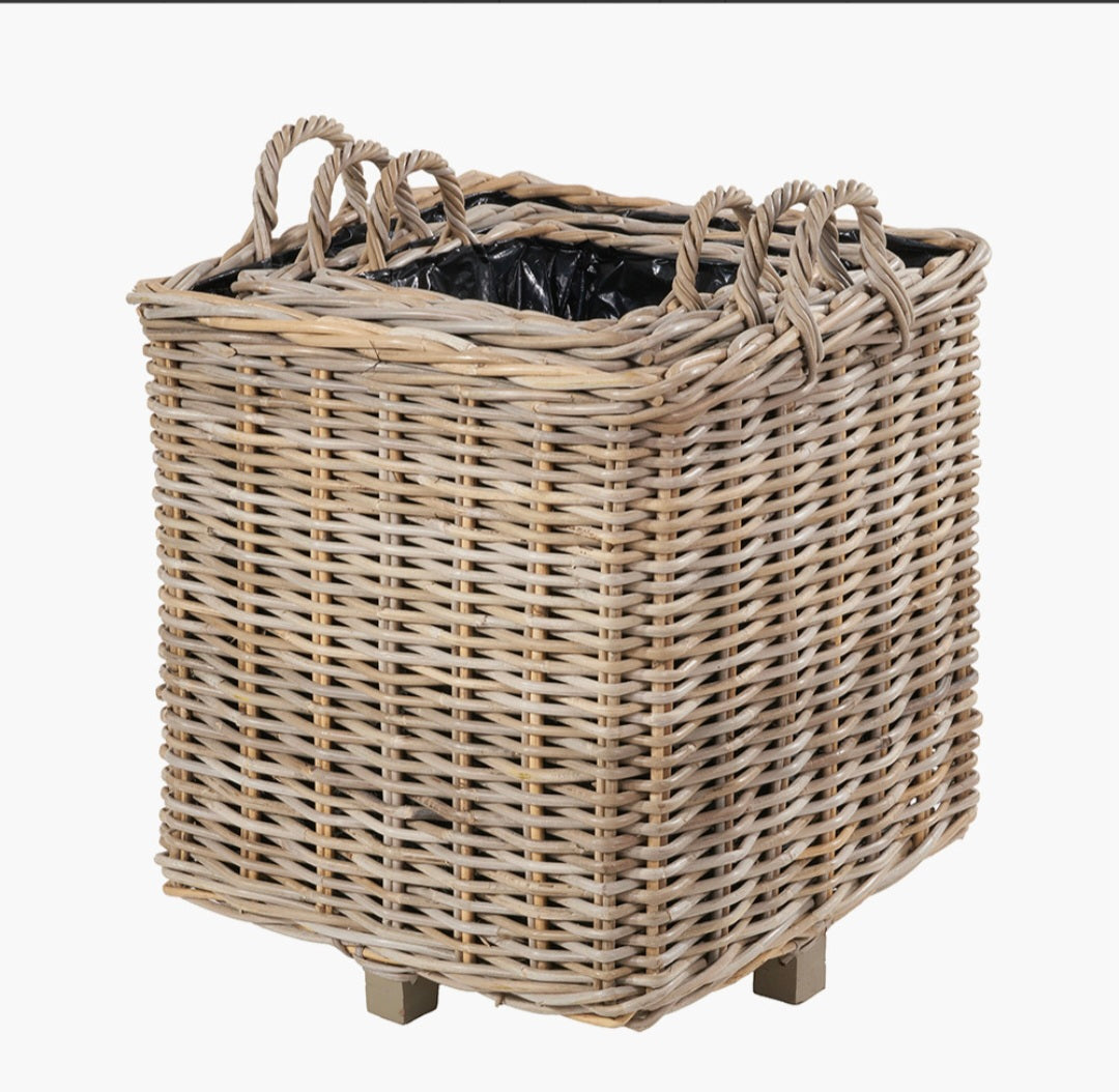 Tobs S/3 Indoor Outdoor Grey Kubu Rattan Square Basket Planters with Handles
