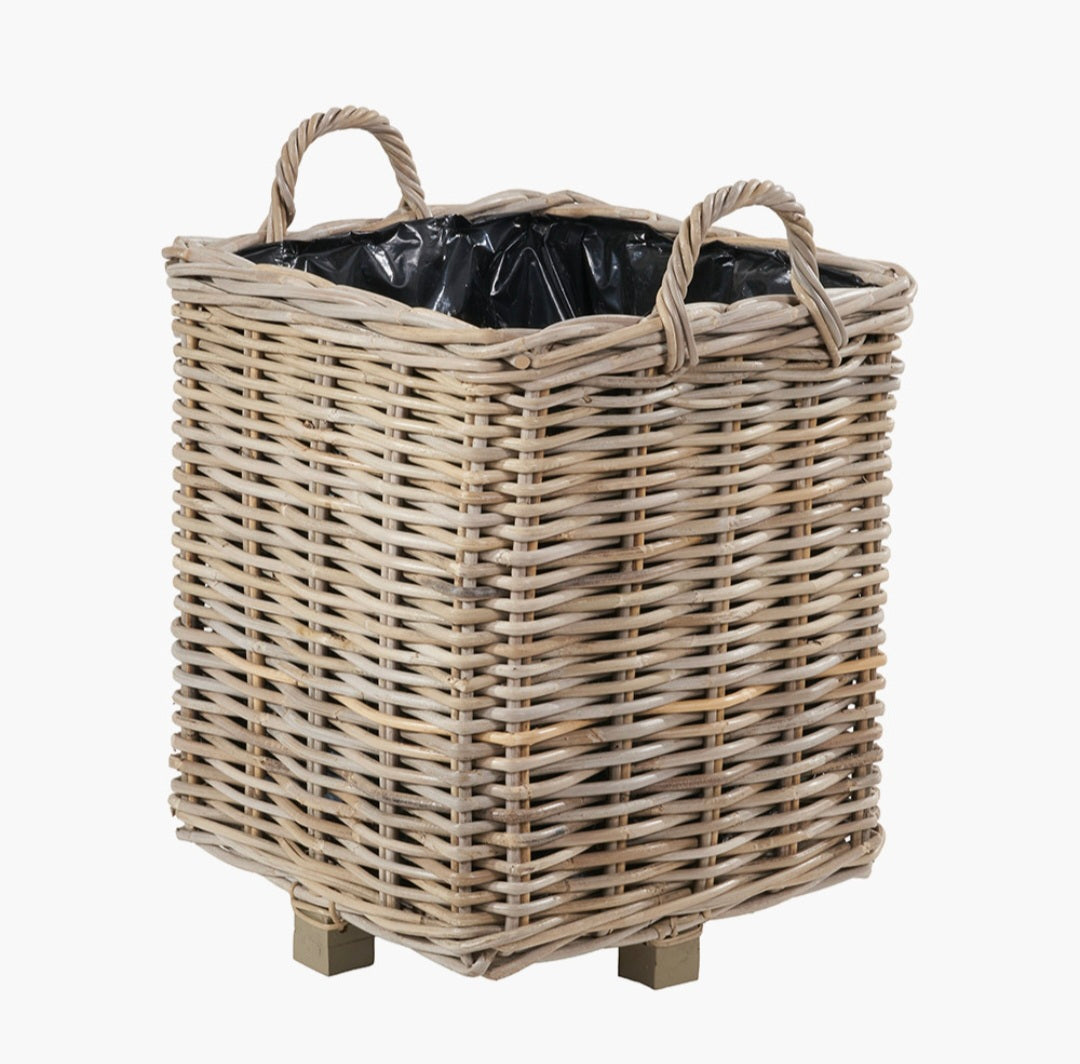 Tobs S/3 Indoor Outdoor Grey Kubu Rattan Square Basket Planters with Handles