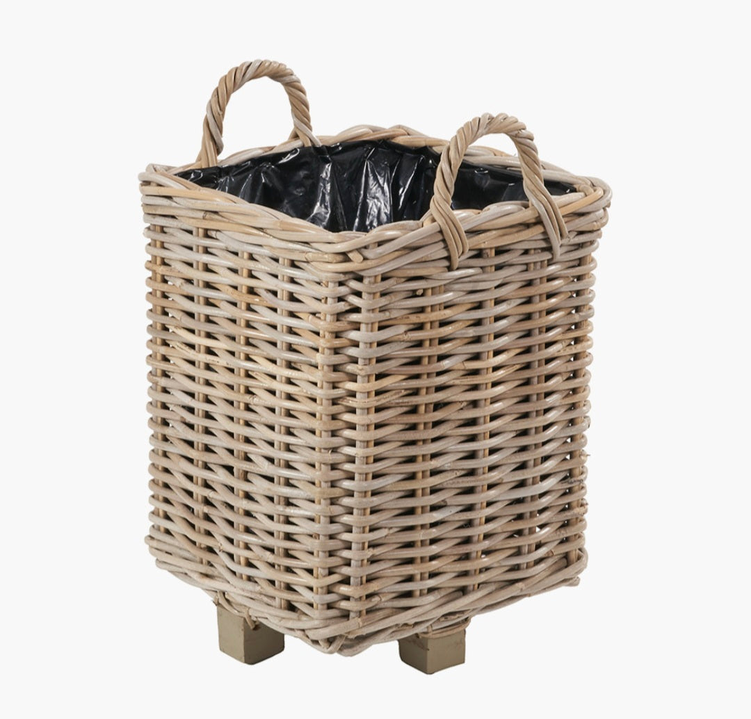Tobs S/3 Indoor Outdoor Grey Kubu Rattan Square Basket Planters with Handles