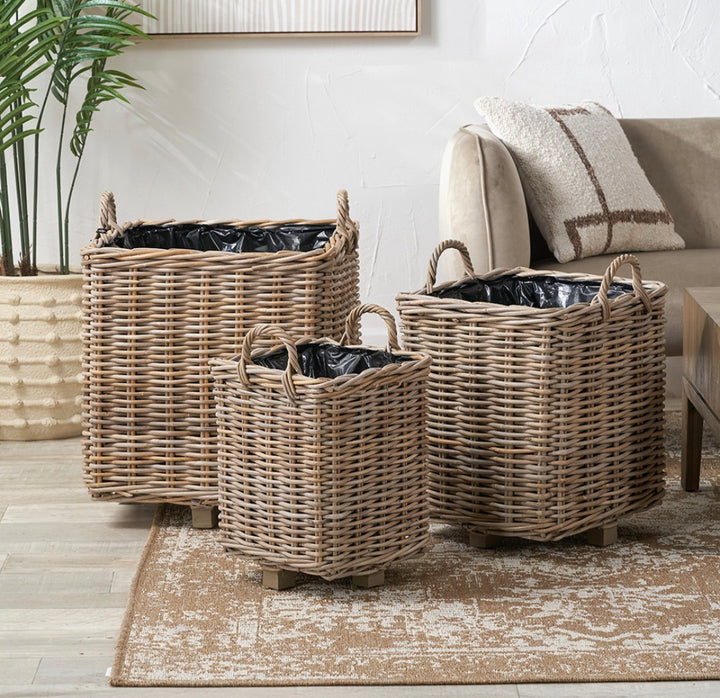 Tobs S/3 Indoor Outdoor Grey Kubu Rattan Square Basket Planters with Handles