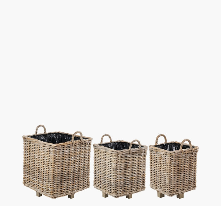 Tobs S/3 Indoor Outdoor Grey Kubu Rattan Square Basket Planters with Handles