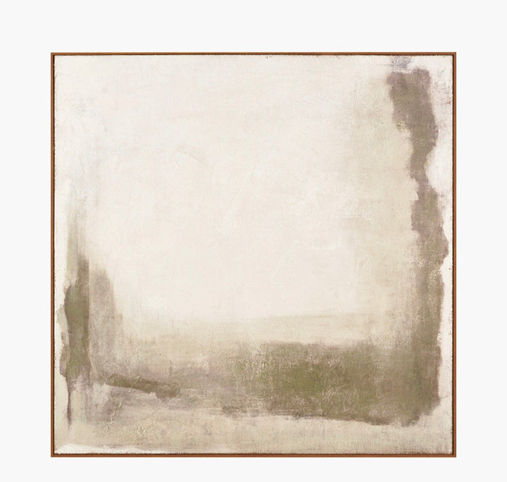 Green and Natural Abstract Square Hessian Canvas with Oak Effect Frame