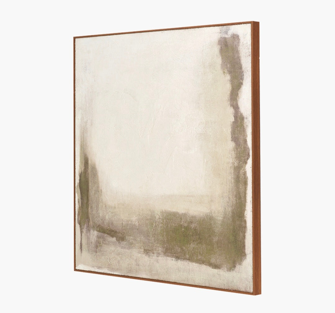 Green and Natural Abstract Square Hessian Canvas with Oak Effect Frame