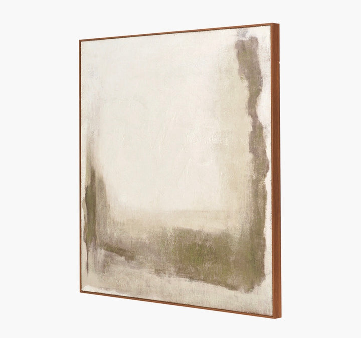Green and Natural Abstract Square Hessian Canvas with Oak Effect Frame