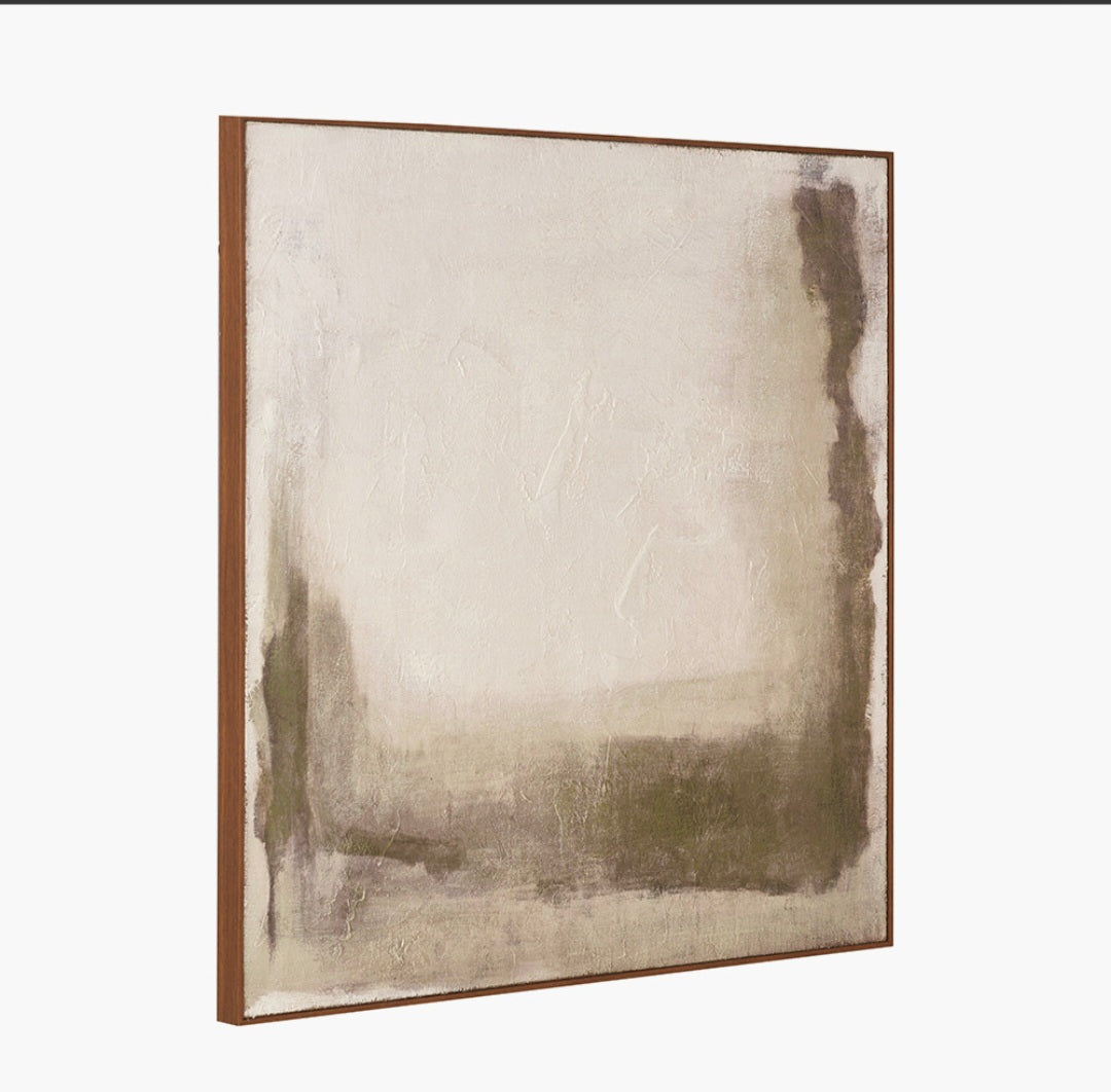 Green and Natural Abstract Square Hessian Canvas with Oak Effect Frame