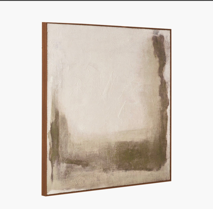 Green and Natural Abstract Square Hessian Canvas with Oak Effect Frame