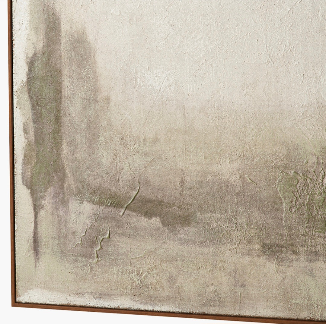 Green and Natural Abstract Square Hessian Canvas with Oak Effect Frame