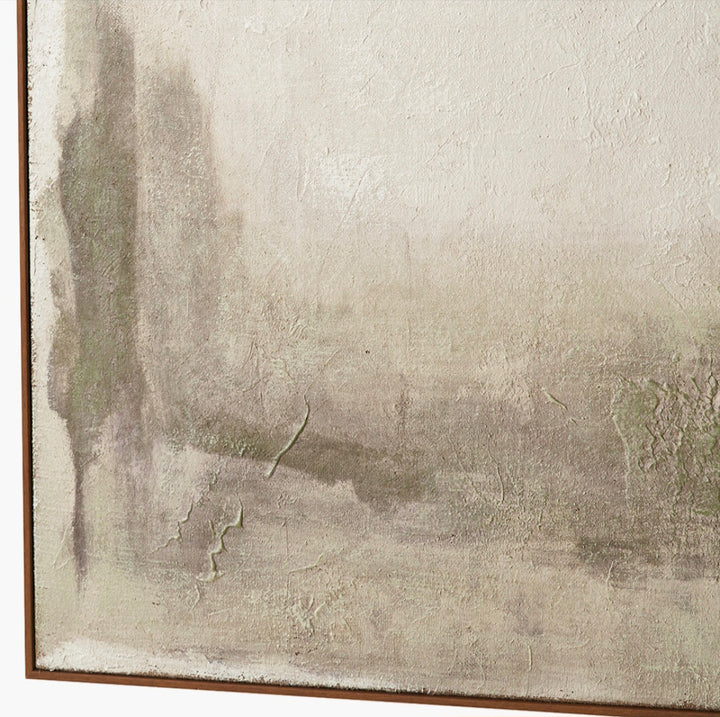 Green and Natural Abstract Square Hessian Canvas with Oak Effect Frame