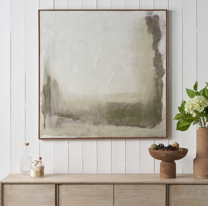 Green and Natural Abstract Square Hessian Canvas with Oak Effect Frame