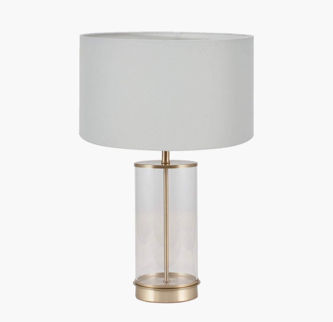 Westwood Clear Glass and Champagne Metal Table Lamp Base with Harry 35cm Ivory Cotton Mix Cylinder Lampshade
