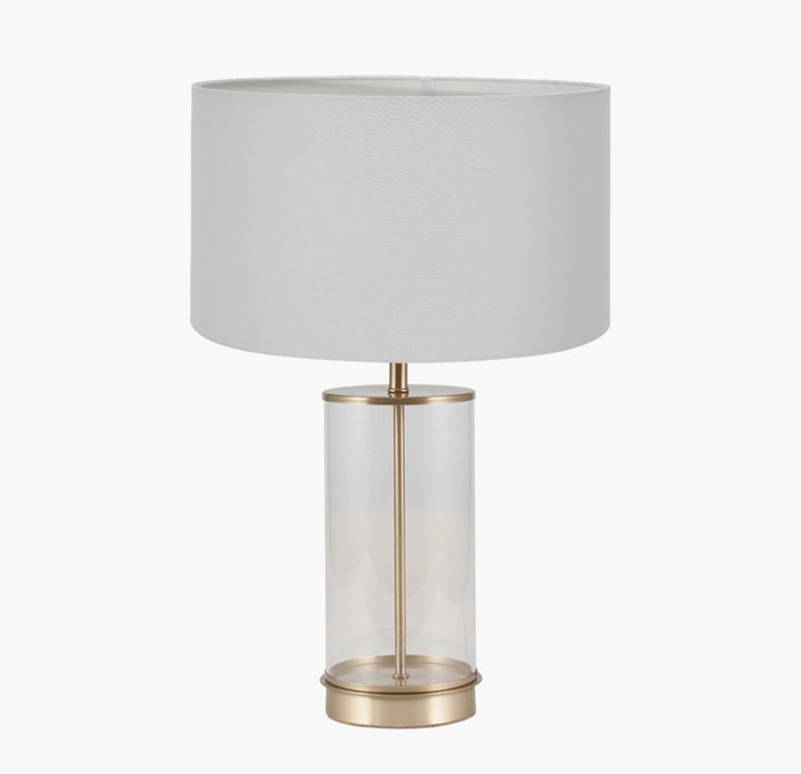 Westwood Clear Glass and Champagne Metal Table Lamp Base with Harry 35cm Ivory Cotton Mix Cylinder Lampshade