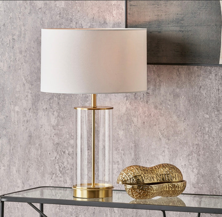 Westwood Clear Glass and Champagne Metal Table Lamp Base with Harry 35cm Ivory Cotton Mix Cylinder Lampshade