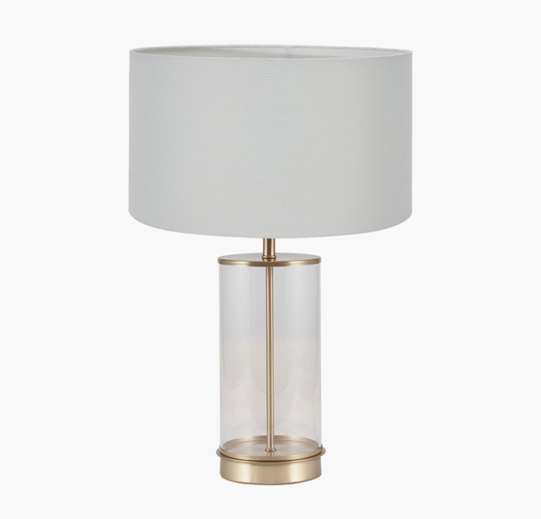 Westwood Clear Glass and Champagne Metal Table Lamp Base with Harry 35cm Ivory Cotton Mix Cylinder Lampshade