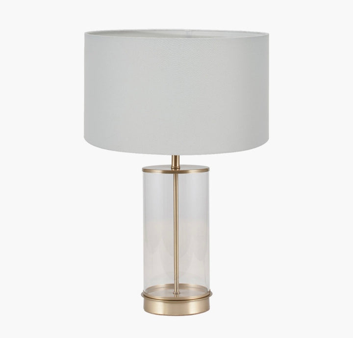 Westwood Clear Glass and Champagne Metal Table Lamp Base with Harry 35cm Ivory Cotton Mix Cylinder Lampshade
