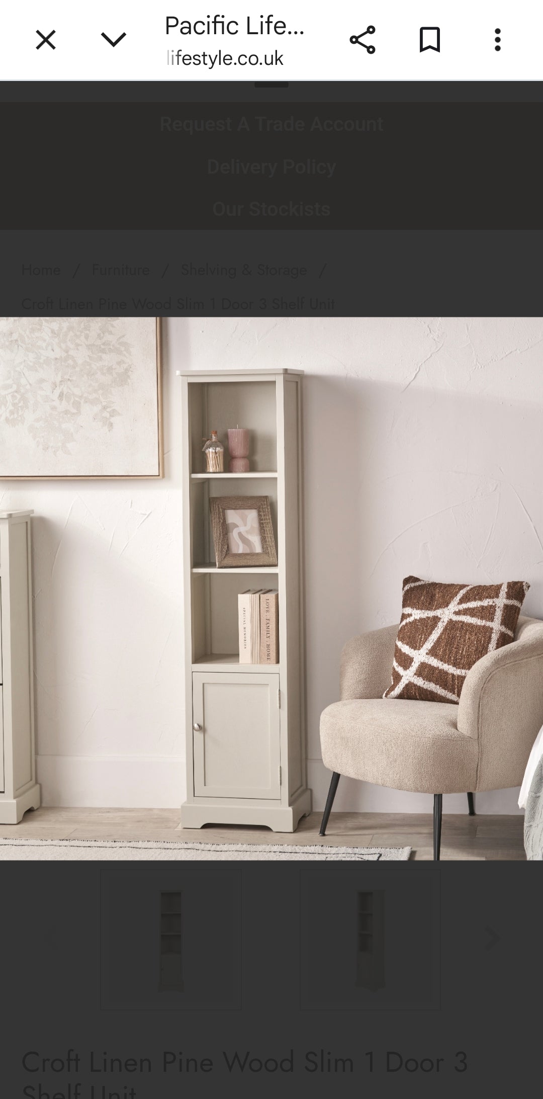 Croft Linen Pine Wood Slim 1 Door 3 Shelf Unit