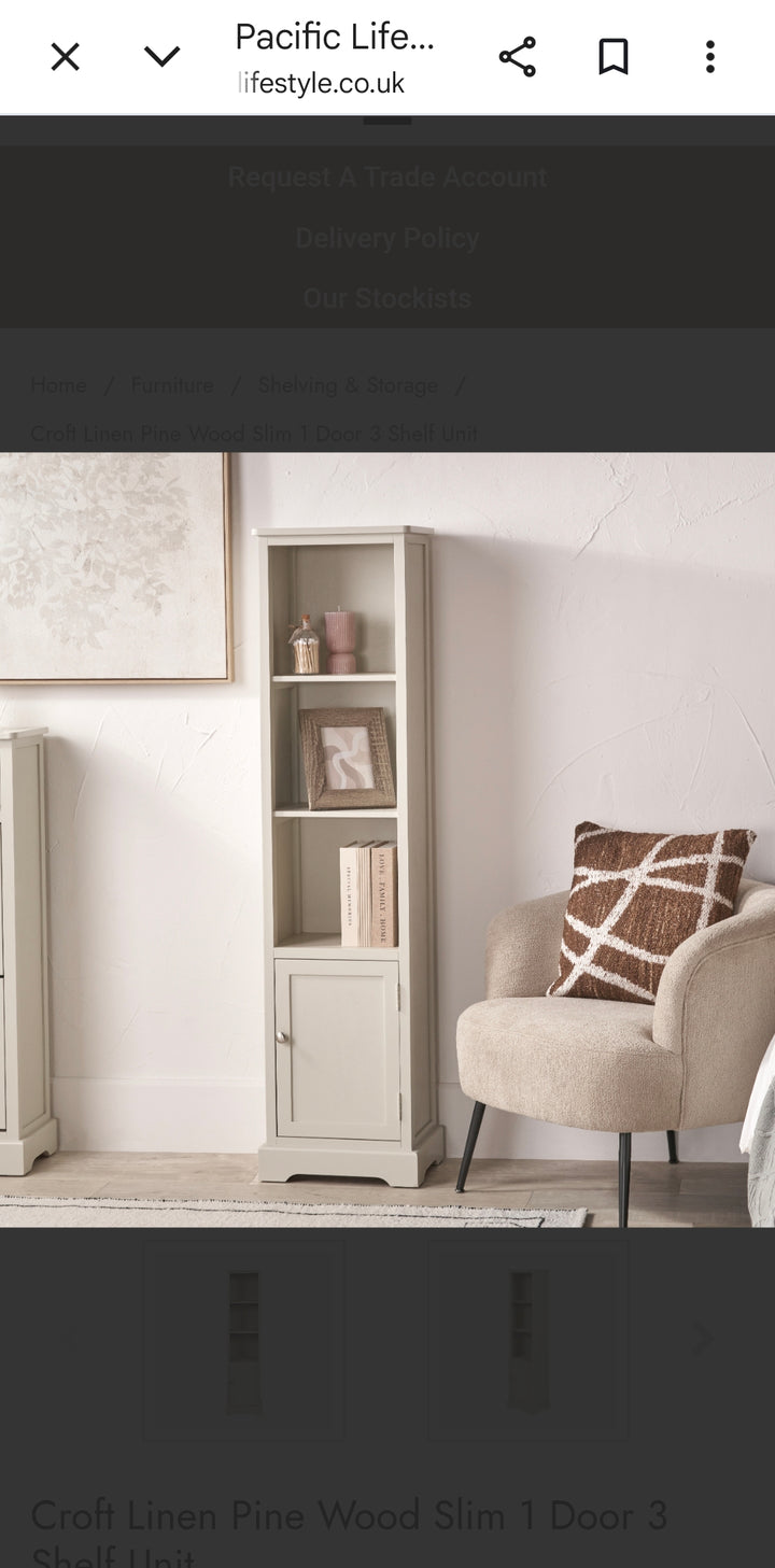Croft Linen Pine Wood Slim 1 Door 3 Shelf Unit