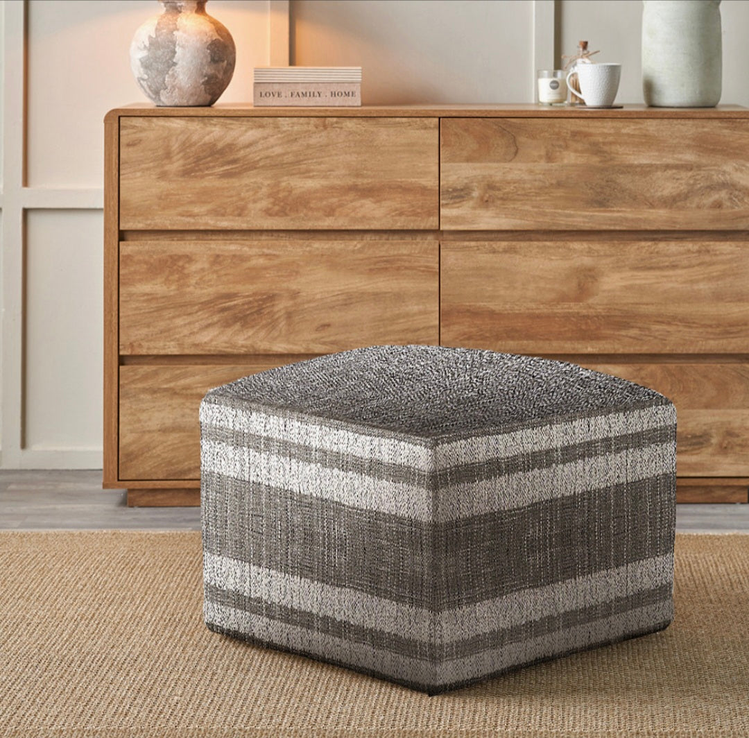 Indoor Outdoor Steel Grey and White Stripe Design Pouffe
