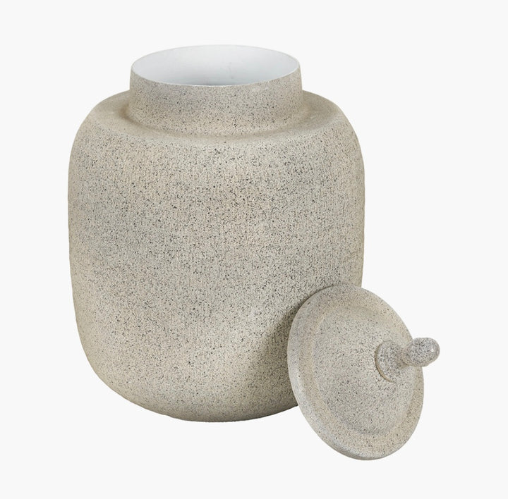 Raj Stone Grey Hammered Metal Urn Vase with Lid