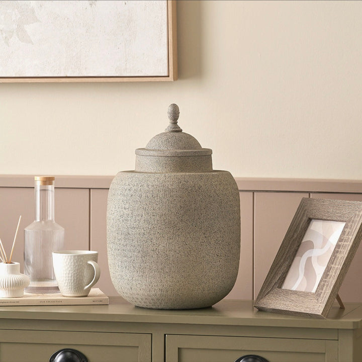 Raj Stone Grey Hammered Metal Urn Vase with Lid