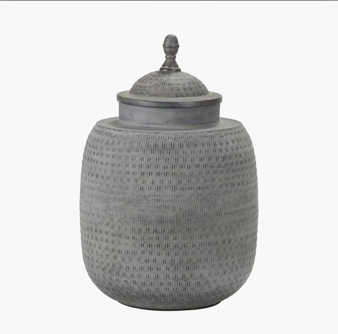 Raj Charcoal Grey Hammered Metal Urn Vase with Lid