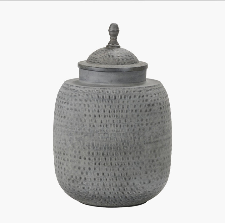 Raj Charcoal Grey Hammered Metal Urn Vase with Lid