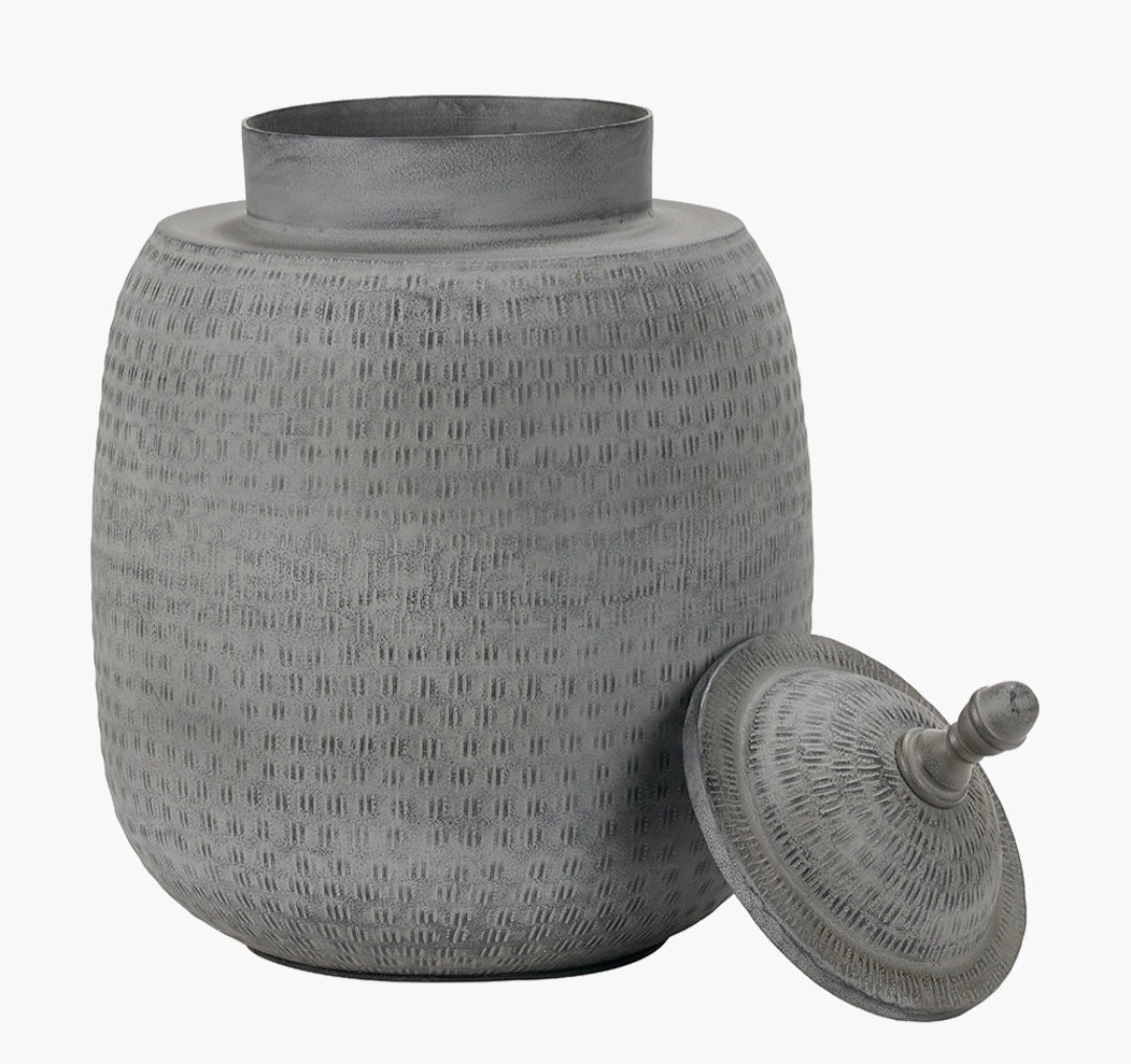 Raj Charcoal Grey Hammered Metal Urn Vase with Lid