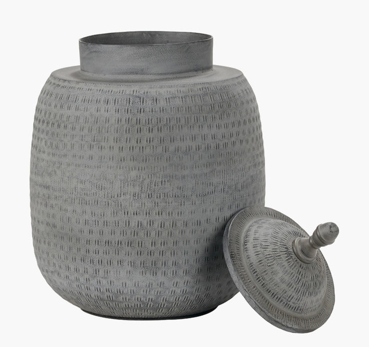 Raj Charcoal Grey Hammered Metal Urn Vase with Lid