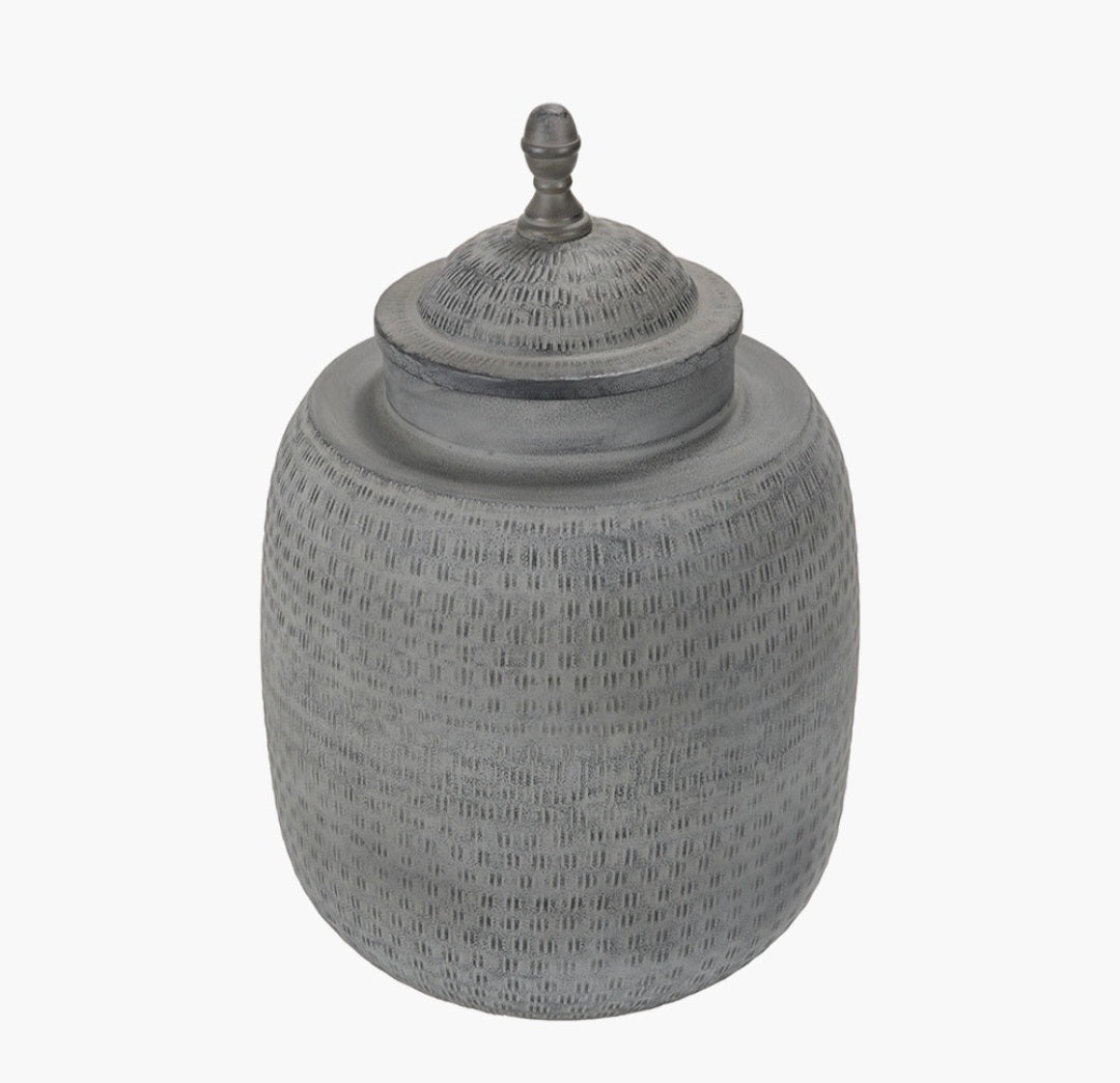 Raj Charcoal Grey Hammered Metal Urn Vase with Lid