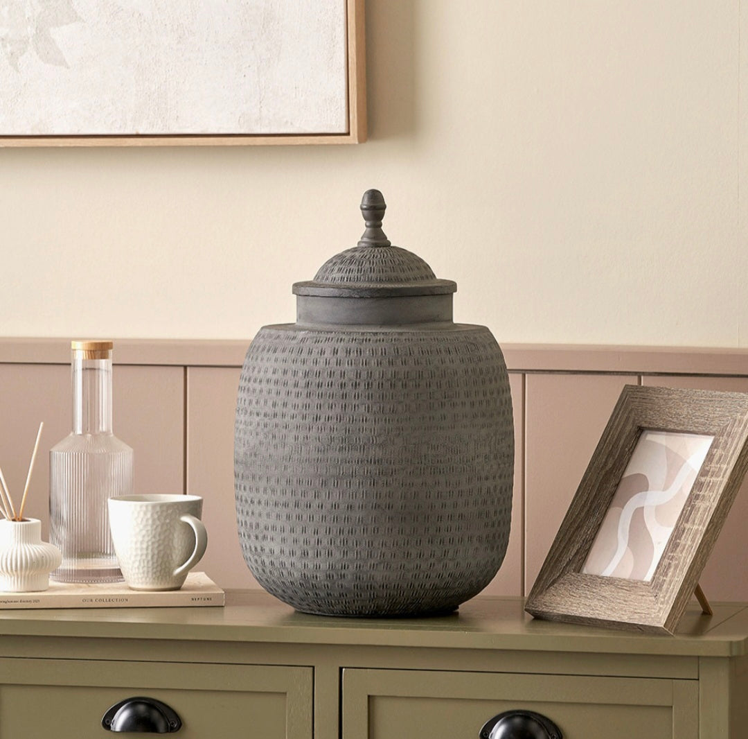 Raj Charcoal Grey Hammered Metal Urn Vase with Lid