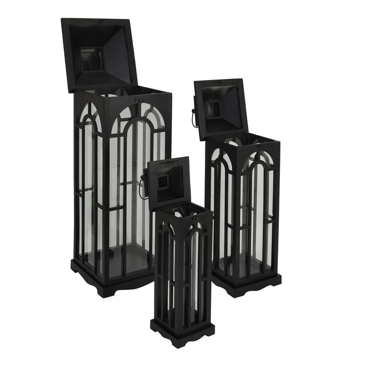 Set Of Three Black Wooden Lanterns With Archway Design