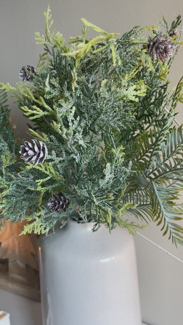 Frosted Pine Spray Stem With Pinecones