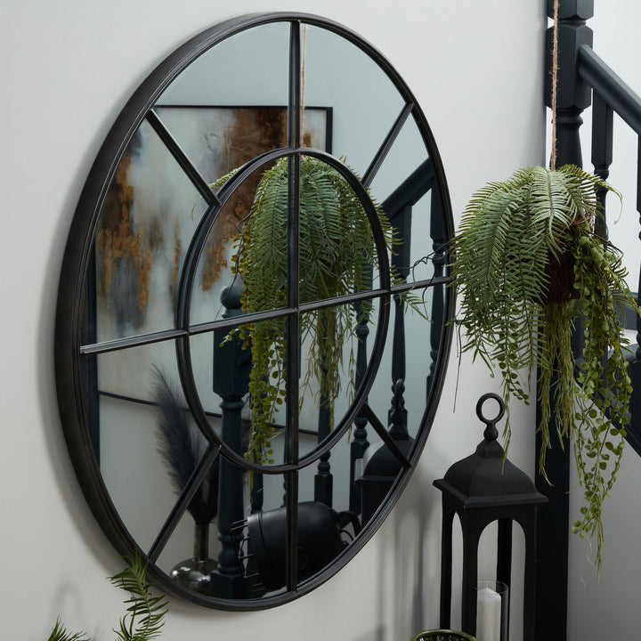 Large Round Metal Window Mirror In Black